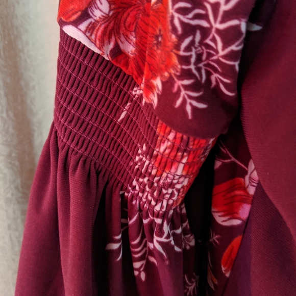 Wine Floral Print Dress with Bell Sleeves - Picture 2 of 4